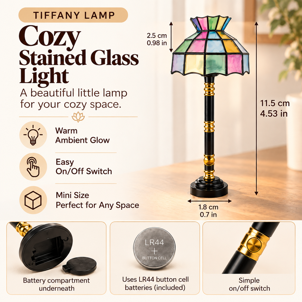 Colorful miniature decorative lamp with a stained-glass-inspired shade